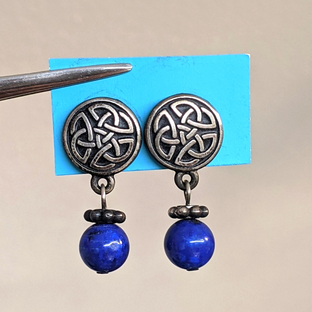 Celtic Knot Earrings /  Blue Beads / Post Back